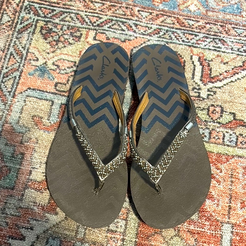 Clarks Brown Beaded Flip Flops